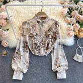 New Style Chiffon Puff Sleeve Shirt Women's Spring Clothes Female Sweet Fungus Blusa Pressed Floral Bluose C219