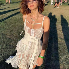 Lizakosht Lace High-low Sexy Summer Dress White Straps Belt Tied Women Dress D-ring Holiday Chic Ladies Party Dresses