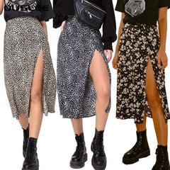 OUSLEE Spring/Summer Woman Summer Split Leopard Skirts Harajuku Chiffon Printing Split Skirts Streetwear Loose Sexy Skirts