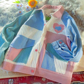 WOMEN New Vintage Color Block Patchwork Corduroy Towel Embroidery Heart Jacket Kawaii Coat Lapel Hip Hop Outwear Unisex