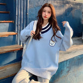 Sweaters Women Ulzzang Letter Chic Vintage V-neck Daily Oversize Girls Pullovers Student Fall Casual All-match Ins Women Sweater
