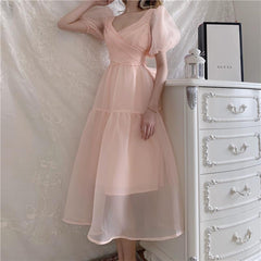Elegant Designer Dress Women French Pink Bandage Dress Casual Puff Sleeve Slim Lace Chiffon Dress Autumn Women's Clothing