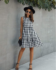 Dresses For Women Summer Casual Loose Plaid Print Ruffled Midi Dress Sleeveless Vintage Ladies Dress Vacation Sundress