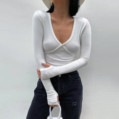 Lizakosht Summer sexy t shirt for women vintage long sleeve crop top white casual thumb hole top korean ribbed top cross seam tees v neck