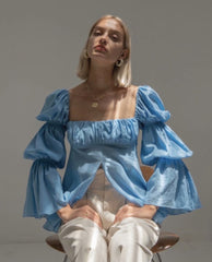 Lizakosht Trumpet sleeve elegant fashion design shirt women summer hedging long sleeve square collar slim blouse