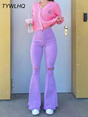 Streetwear Y2k Flared Jeans Women High Waist Fashion Purple Stretch Baggy Mom Jeans Wide Leg Pants Elegant Denim Trousers 90S