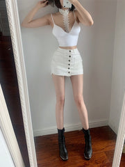 Streetwear Summer White Mini Skirts Y2k High Waisted Single Breasted High Waisted Jeans Tight Skirt Shorts Aesthetic