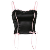 Summer New Black Aesthetic Cami Crop Patchwork Lace Trim Vintage Girl Clothes Sexy Slim Contrast Stitched Lace Up Tops