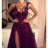 SoDigne Burgundy Sequin Evening Dress Sexy Slit Skirt V Neck Lace Applique Glitter Prom Gown formal dresses