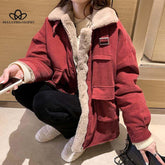 Bella 2022 new Women Solid Padded Thick Faux Fur Coat Female Pockets Warm Outerwear Long Sleeve Vintage Corduroy Winter Coat