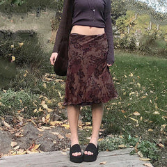 Lizakosht Goth Girl Midi Skirts Womens Floral Print Vintage Aesthetic Kawaii Clothes Dark Academic Low Waist Mid-Calf Skirt