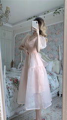 Elegant Designer Dress Women French Pink Bandage Dress Casual Puff Sleeve Slim Lace Chiffon Dress Autumn Women's Clothing