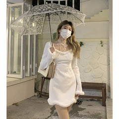 Christmas Party Women'S Dress Square Neck Long-Sleeved Plus Velvet Mini Dresses Elegant Dress For New Year 2022 Evening