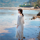 Luxury Embroidered Lace White Boho Beach Summer Dress Fringe Tassel Novelty Loose Long Maxi Dresses for Women 2022 Lined