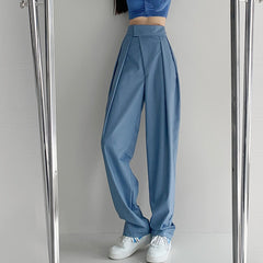 High Street Solid Color Pleated hook and loop fastener Suit Pants Autumn Korean Loose Casual Trousers Women Thin VEPH