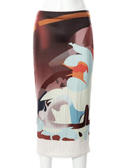 Weird Puss Y2K Vintage Print Mid Skirt Women 2022 Summer Trend Elegant Casual Wild Streetwear Skinny Activity High Waist Bottoms