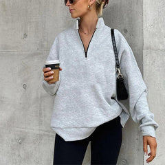 Lizakosht Spring Autumn Casual Solid Color Sweatshirts Women All-Match Simple Tops Pullovers Fashion Zipper Long Sleeve Loose Sweatshirt