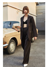 AEL Vintage Autumn Winter Women Pant Suit Dark Brown Loose Blazer Jacket & Wide Leg Pants 2021 Office Suits Female Sets