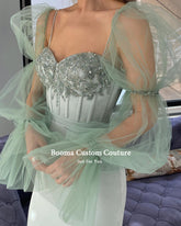 Lizakosht Fairy Mint Green Prom Dresses Sheer Long Sleeves Sweetheart Boning Sheath Evening Dresses Beaded Tea-Length Formal Gowns