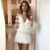 Sevintage Tiered Tulle Long Sleeve Graduation Dresses High Neck Short Prom Gowns White/Ivory Cocktail Homecoming Dress Customize