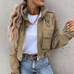 Lizakosht Women Casual Stand Neck Solid Buckle Coat Fashion Street Style Outwear Elegant Single Breasted Short Coat Autumn Winter Jackets