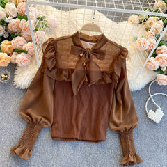 Spring Autumn New Temperament Fashion Blouse Women Sweet Fungus Chiffon Lantern Sleeve Stitching Slim Short Shirt UK977