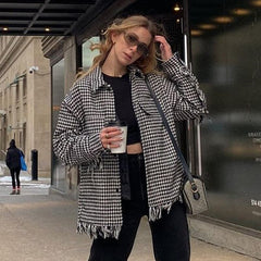 Lizakosht Jacket Women Fashion Plaid Chaquetas De Mujer Houndstooth Tassel Tweed Pockets Blazer Coat Vintage  Top Veste Femme