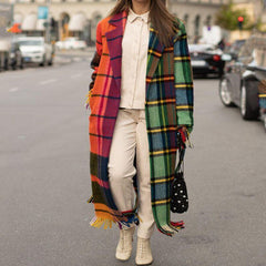 Vintage Plaid Print Patchwork Wool Jacket Overcoat Cardigan Women Fall Winter Fashion Elegant Turn-down Collar Long Top Outwear