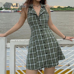Sexy V-neck Women Mini Dress Plaid Summer Vintage Shirt Dress Backless Casual Skinny Party Outifits Clubwear Cuteandpsycho