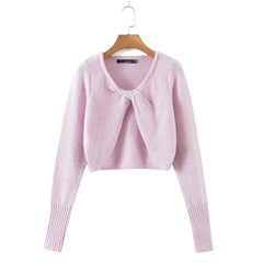 Lizakosht Whiter Fall long sleeve top korean fashion knitted sweaters sexy vintage v neck sweater cute cropped sweate criss cross white