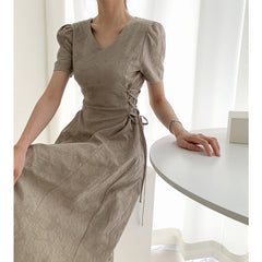 Summer Women Solid Dress French Pattern V-neck Slim Waist Side Straps And Long Short-sleeved Dress Elegent Party Dress