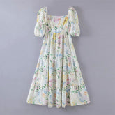 Women France Floral Print Holiday Dress Square Collar Back Tie Bow Backless Dresses Slim Midi Slit Dress 202107