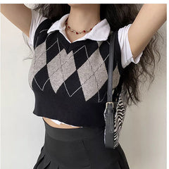 Lizakosht Vintage Argyle Plaid Sweater Vest Women V-Neck Female Sleeveless Tank Jumper Ladies Short Spring Knitting Pullovers Tops