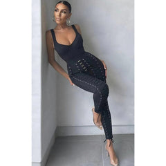 High Quality Black White sleeveless Weaving Rayon Bandage Jumpsuit Cocktail Party Bodycon Jumpsuit Vestidos