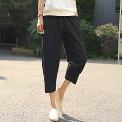 Cotton Linen Pants Women's Summer Loose Solid Harem Pants Female High Waist Large Size Casual Khaki Calf-Length Pants Women