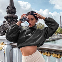 Autumn Winter Turtleneck Thick Hoodie Oversized Women Crop Tops Sweatshirt Pullovers Long Sleeve Letter Print Waist Drawstring