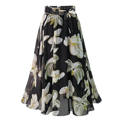 Spring Summer Newest Women Chiffon Skirts Printing Floral A line High Waist Bow Lace Up Belt Y2K Ladies Midi Long Skirt