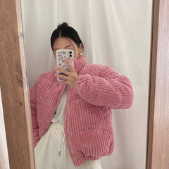 Autumn Winter Corduroy Stand-up collar Parka Harajuku Loose Corduroy Jacket Women Thick Short Coats Women Elegant Coat Women