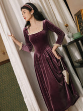 Vintage Velvet Dress Woman Solid Claret & Purple Color Square Collar Ruffles Elegant Lady Dinner Dresses Retro Vestido Festa