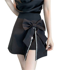 PERHAPS U Women High Street Sweet Solid Color Girls Bow Diamonds Asymmetrical Irregular High Waist A-Line Short Skirt S3010