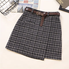 Vintage High Waist A-Line Skirt Sashes Irregular Fashion Lining Mini Plaid Skirt Women's Spring New Korean