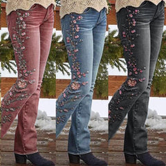 New Fashion Plus Size Straight Mid Waist Women Jeans Vintage Jeans Women Flower Embroidery Pants Straight Stretch Jeans S-XXXL