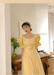 Lizakosht Vintage Elegant Appliques Bell Yellow A Line Princess Dress Puff Sleeve Fitness Casual Midi Long Dress Vestidos Chic