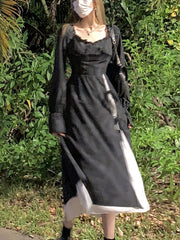 Elegant Party Midi Dress Women Autumn 2022 Black Korean Style Split Y2k Dress Female Bandage Slim French Vintage Dress Designer