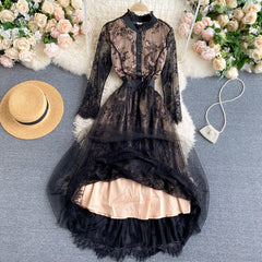Lizakosht New Spring Autumn Elegant Women Lace Hollow Out Patchwork Long Dress Vintage Ladies Stand Collar Button Fairy Dress