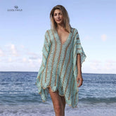 Lizakosht Sexy Hollow Out Deep V-neck Striped Crochet Mini Dress Women Summer Clothes Plus Size Beach Wear Swim Suit Cover Up Q1369