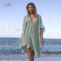 Lizakosht Sexy Hollow Out Deep V-neck Striped Crochet Mini Dress Women Summer Clothes Plus Size Beach Wear Swim Suit Cover Up Q1369