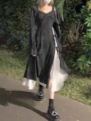 Elegant Party Midi Dress Women Autumn 2022 Black Korean Style Split Y2k Dress Female Bandage Slim French Vintage Dress Designer