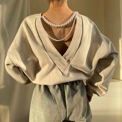 Autumn Women Sweatshirt Autumn Korea Chic Backless Pearl Chain Long Sleeve O-neck Solid Color Elegant Top 2022 New
