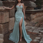 Sexy Strapless Slim High Split Evening Dresses Women Fashion Birthday Prom Party Gowns Irregular Green Elegant Cocktail Vestidos